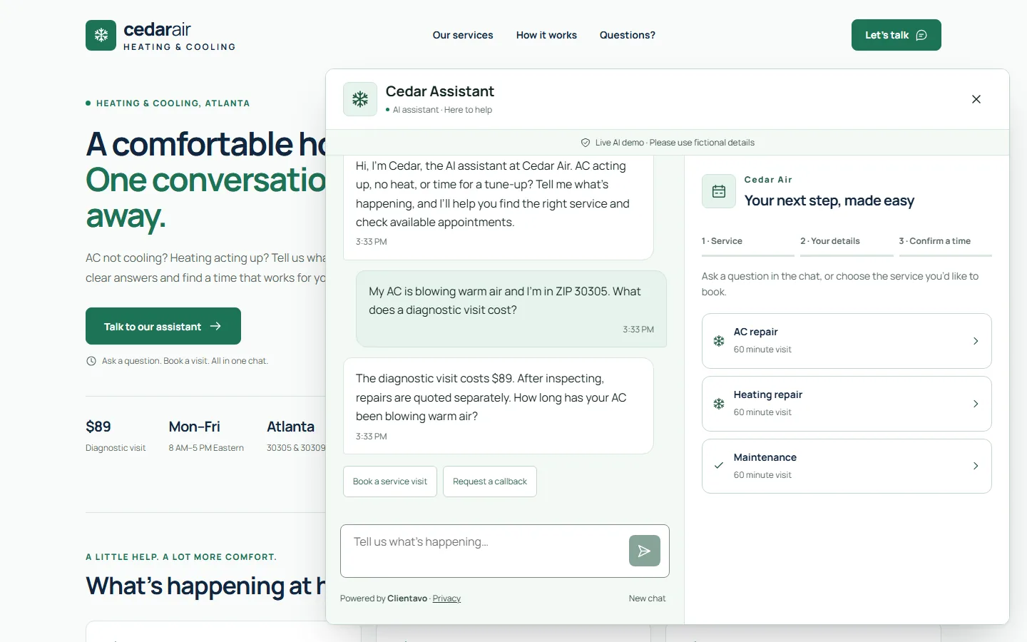 The actual demo chat with a customer conversation and next-step choices